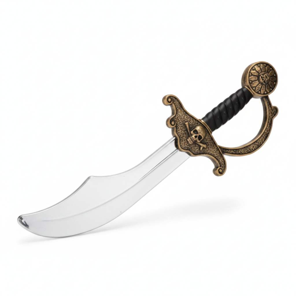 Close-up of silver pirate cutlass sword with ornate bronze guard on white background