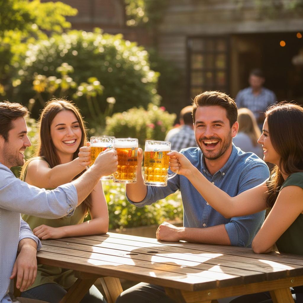 Friends toasting with a Cooling Beer Gift Mug at a sunny outdoor pub garden