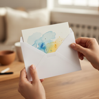 Woman's hands inserting a greetings card into a white C6 peel and seal envelope, candid lifestyle shot