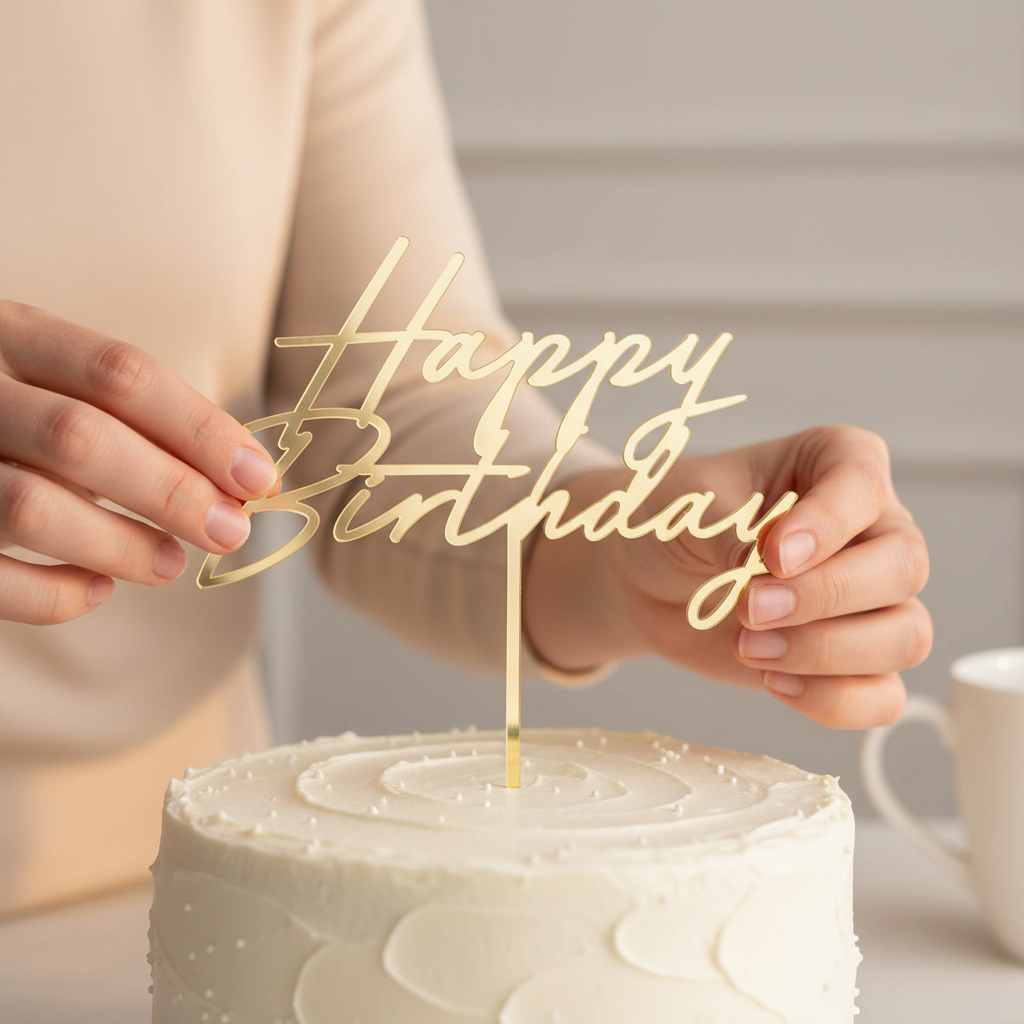 Hands inserting gold mirror-finish acrylic Happy Birthday cake topper into a white birthday cake