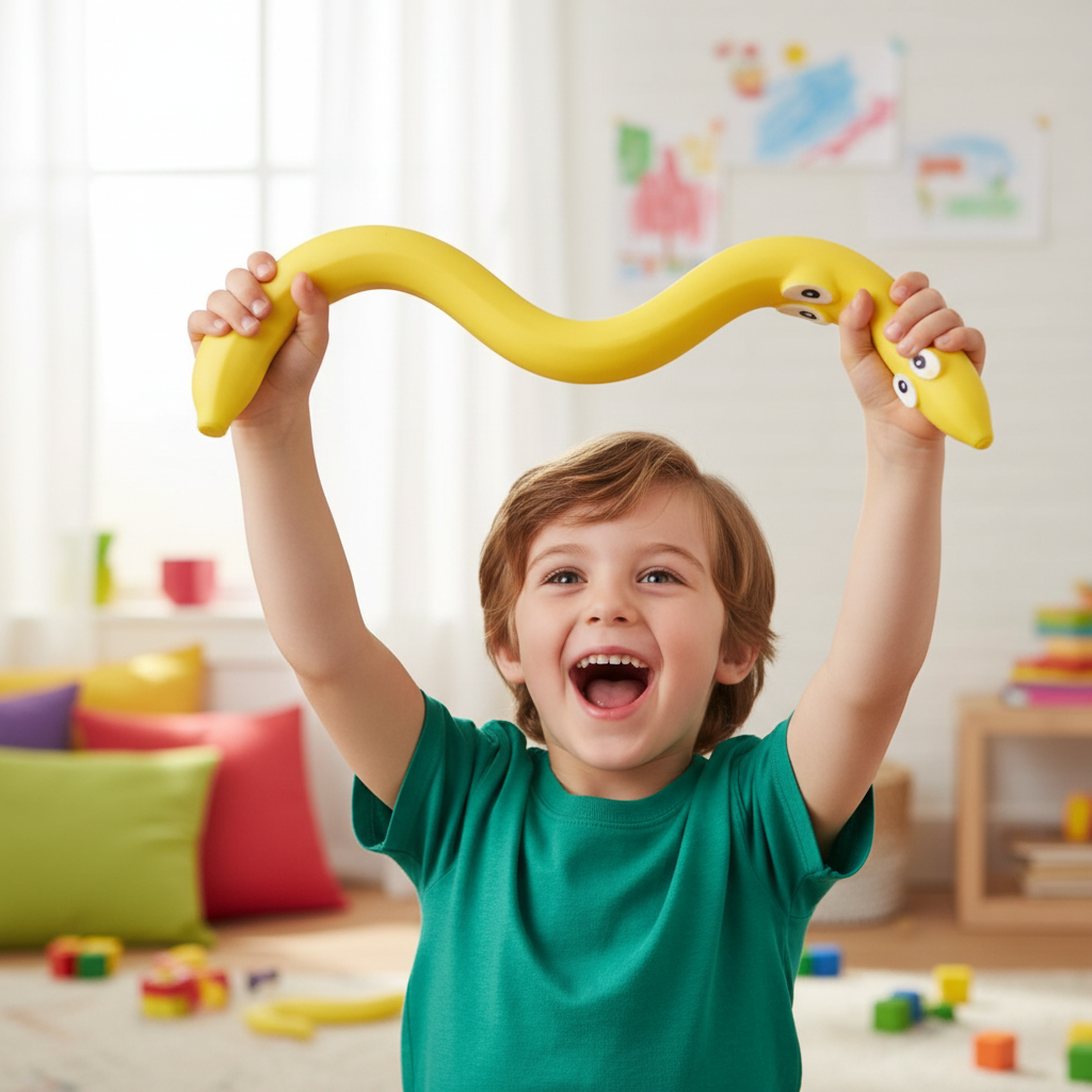 Child holding Squeeze & Stretch Stress Relief Banana toy