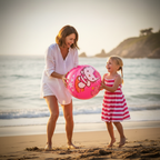 Mother and daughter playing with Hello Kitty pink beach ball on sunny beach golden hour
