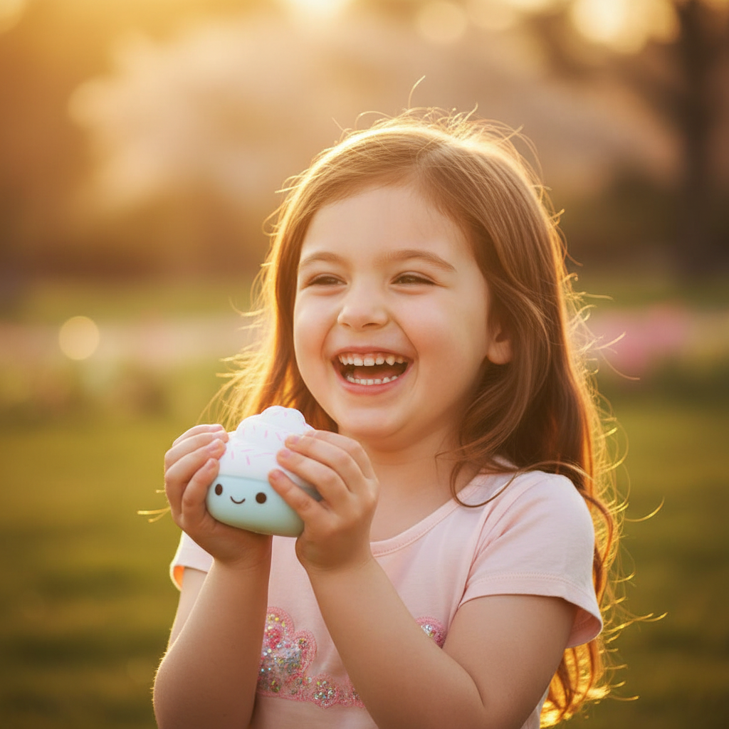 Happy child holding squishy cupcake toy - emotional aspirational lifestyle photo