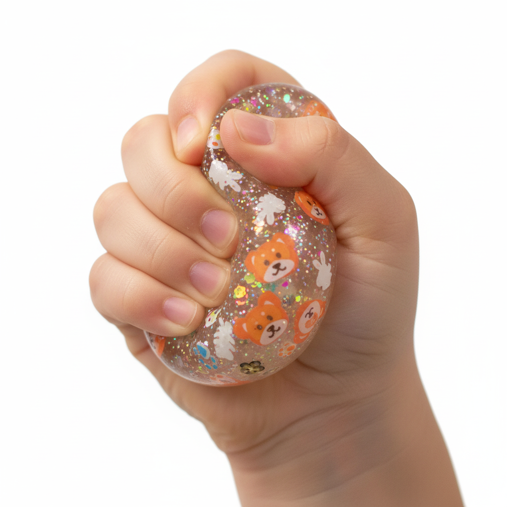 Close-up of child's hand squeezing Scrunchems Pets Diddy Squish Stress Ball with glitter and pet confetti swirling inside