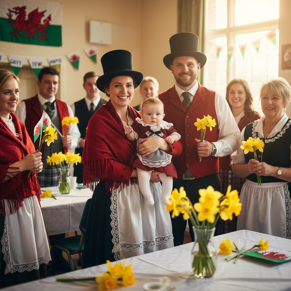 Baby in traditional Welsh costume at St David's Day celebration with daffodils and family