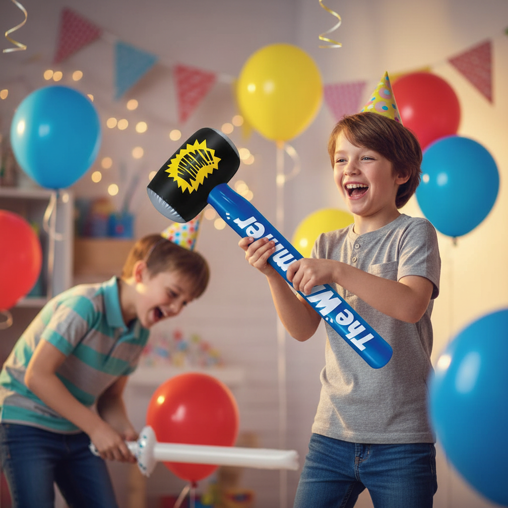 Children playing with inflatable Big Whammer Hammer at birthday party