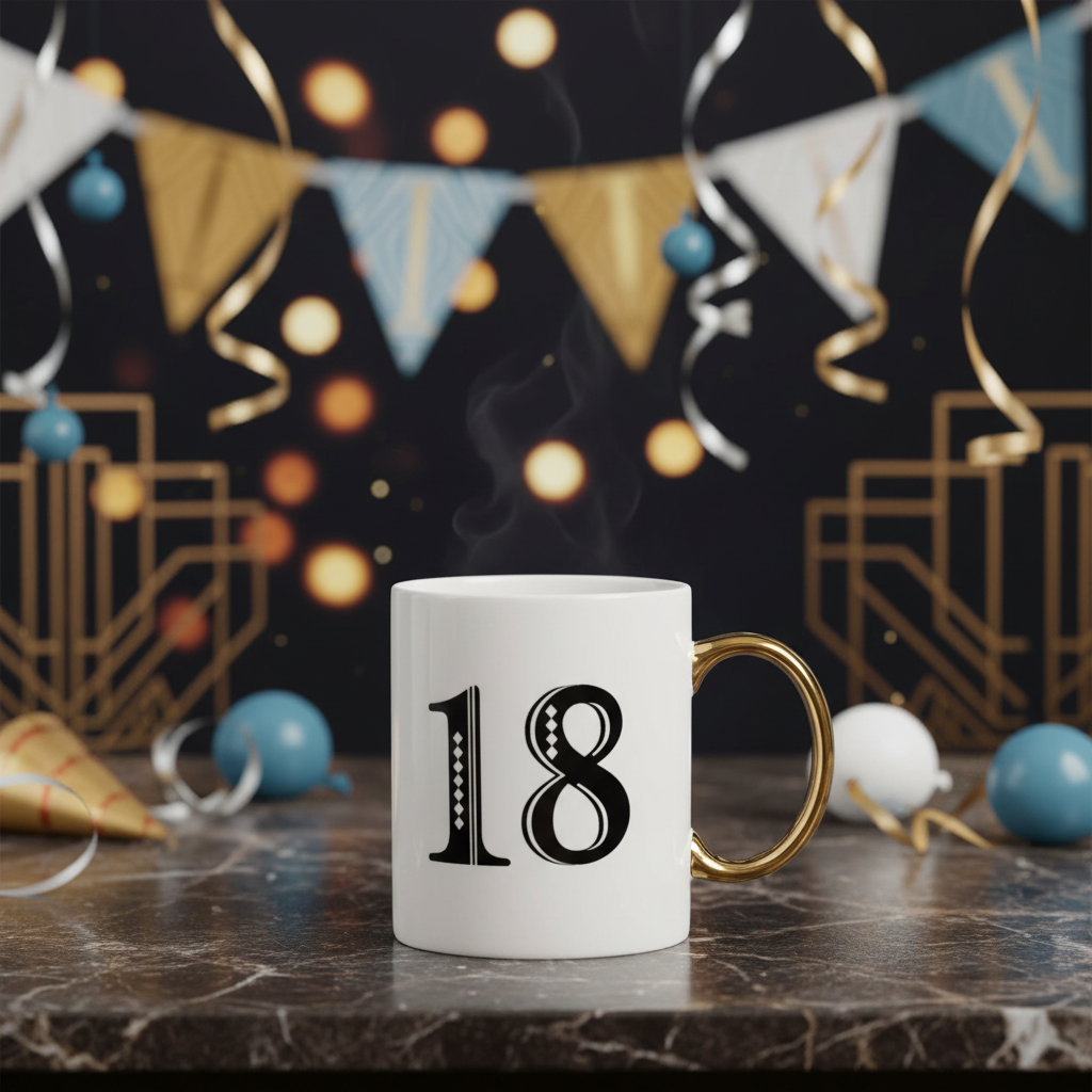Art Deco 18th birthday gift mug in white blue and gold with elegant celebration background