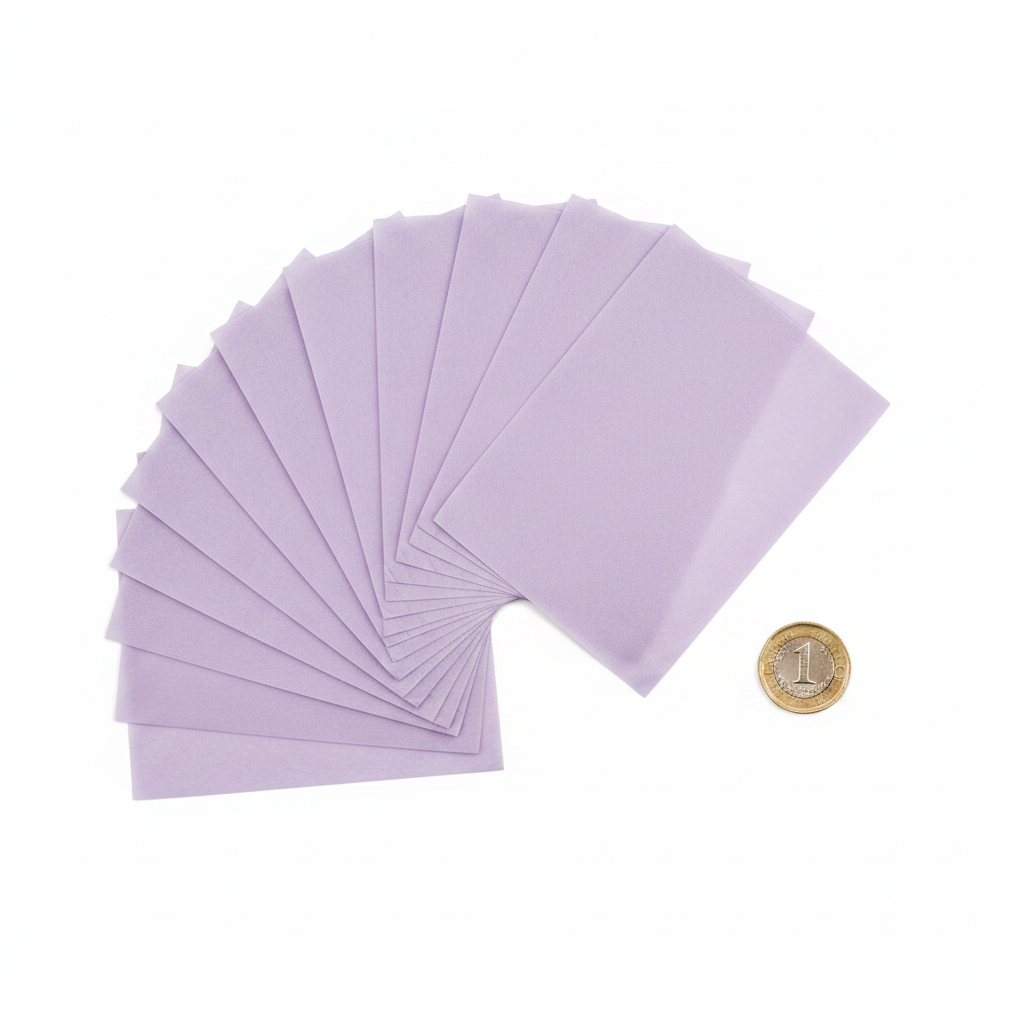 10 lilac tissue paper sheets fanned out beside a £1 coin showing size on white background