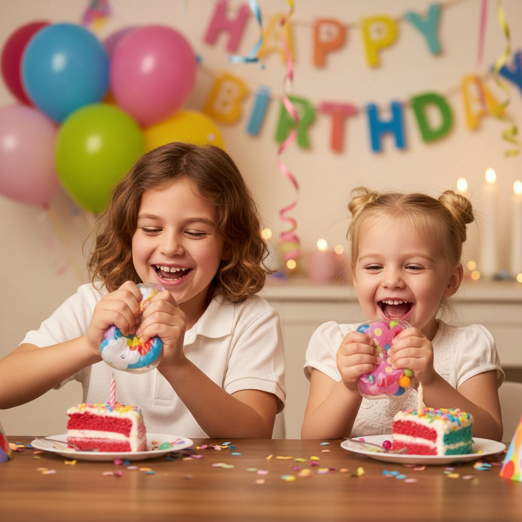 Children at a birthday party enjoying colourful sensory squishy toys together