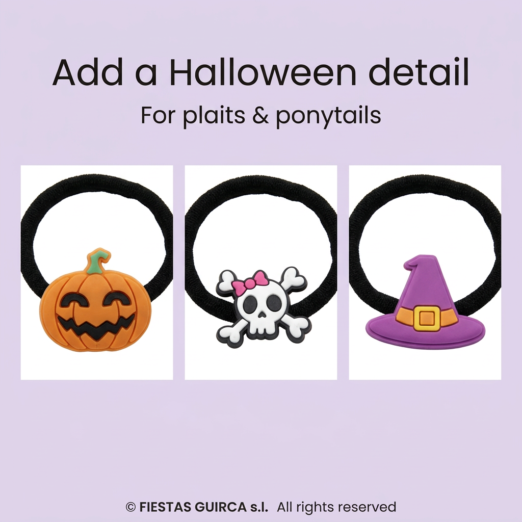Pumpkin, skull with pink bow and purple hat bobbles with plait and ponytail styling caption
