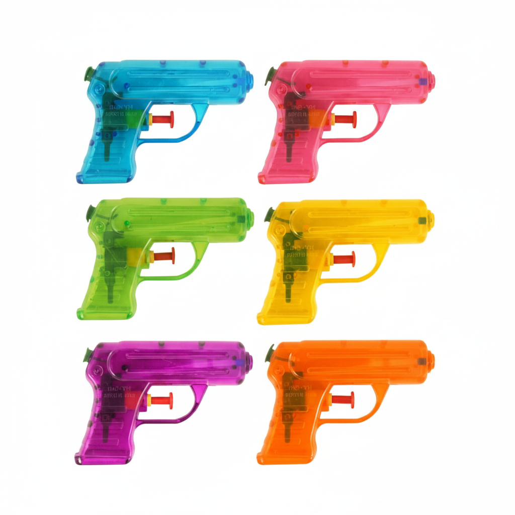 Six assorted neon water pistols in blue, pink, green, yellow, purple and orange on a pure white background - Amazon hero shot