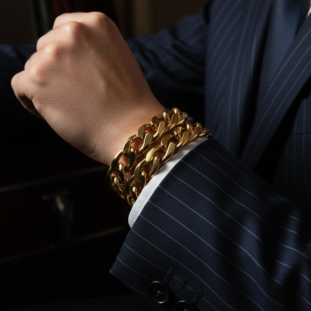 Close-up of gold gangster fancy dress bracelets worn on wrist with pinstripe suit - Why Not Shop