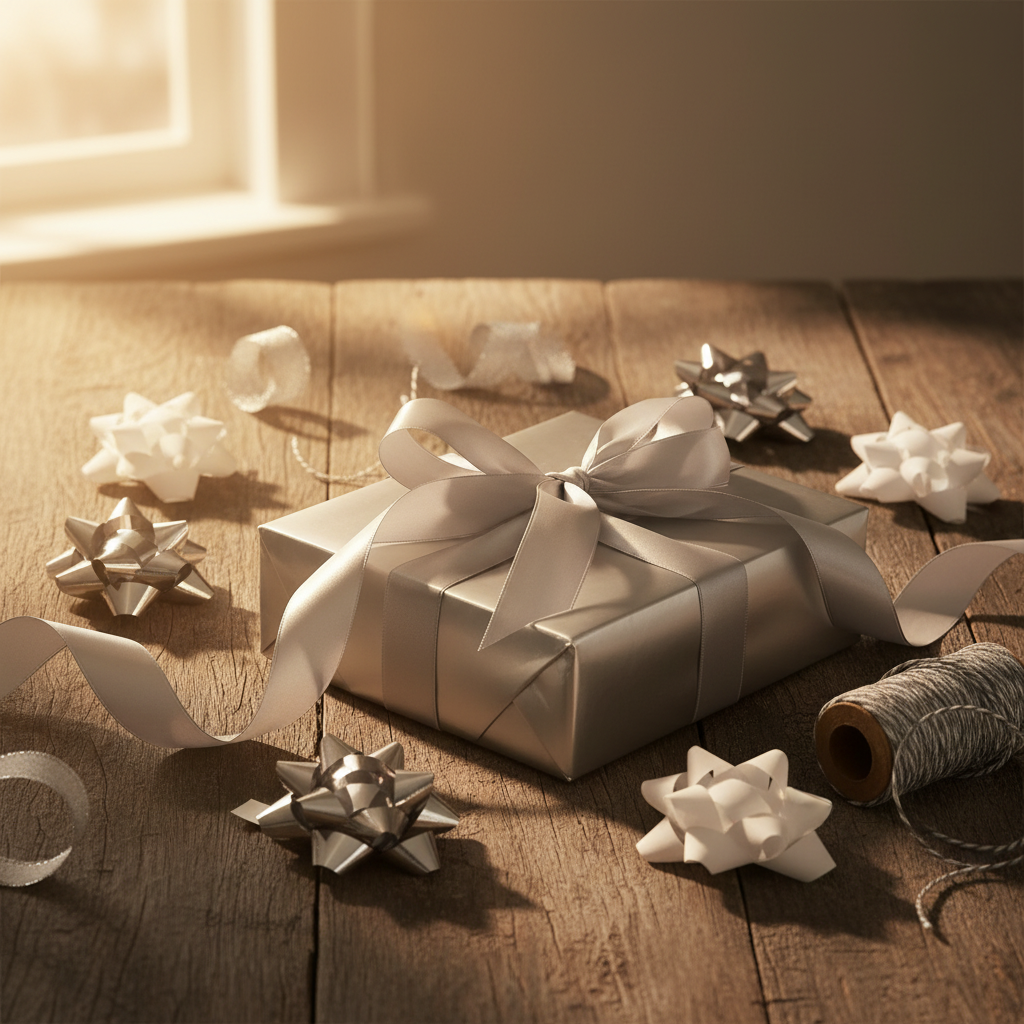 Silver wrapped gift with silver ribbon bow in warm golden hour lifestyle setting