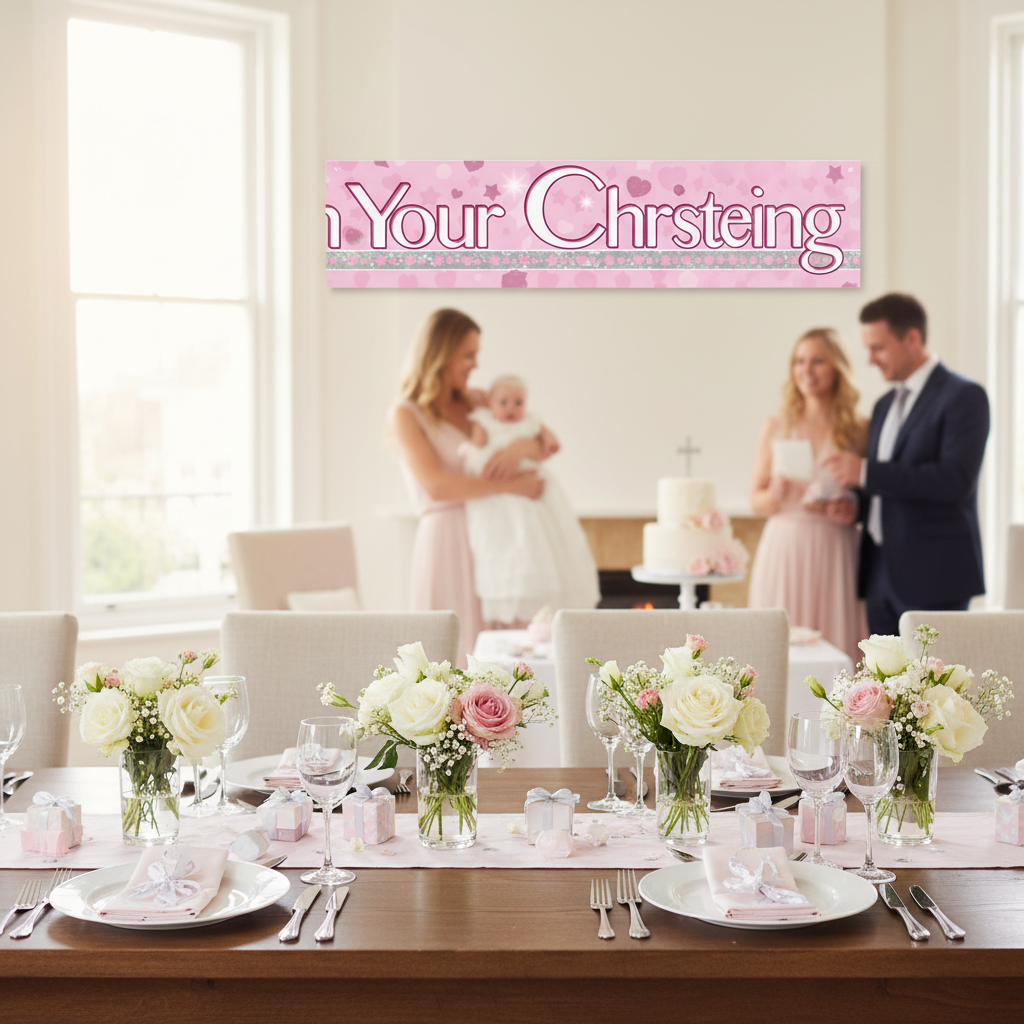 Pink holographic christening banner displayed at elegant celebration with pastel decorations
