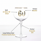 Art Deco 60th Birthday Gin Glass premium feature infographic with gold callout labels on white background