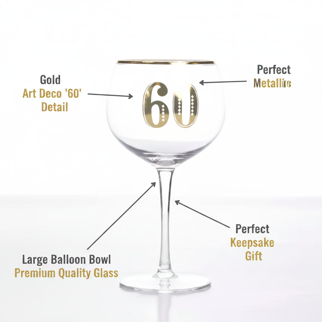 Art Deco 60th Birthday Gin Glass premium feature infographic with gold callout labels on white background