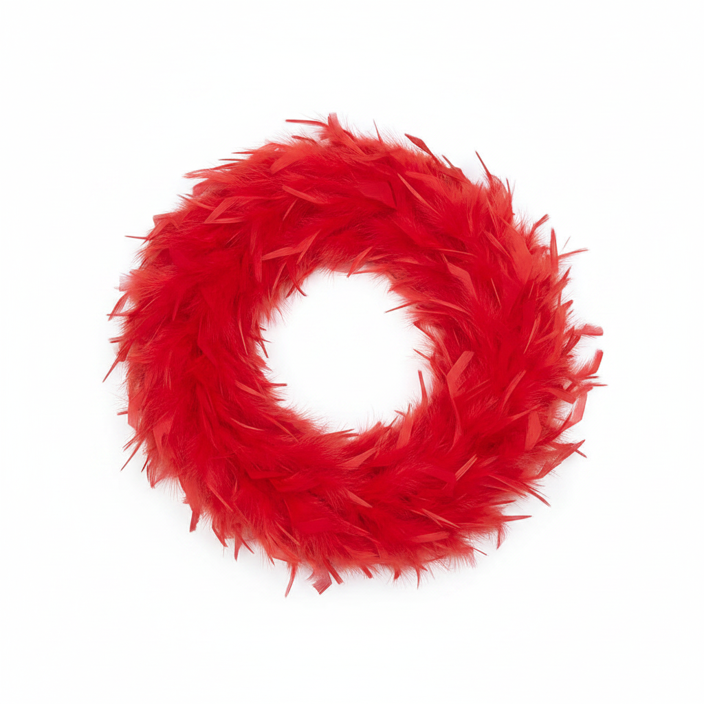 Vivid scarlet red feather boa 1.7m coiled on white background, studio product photography