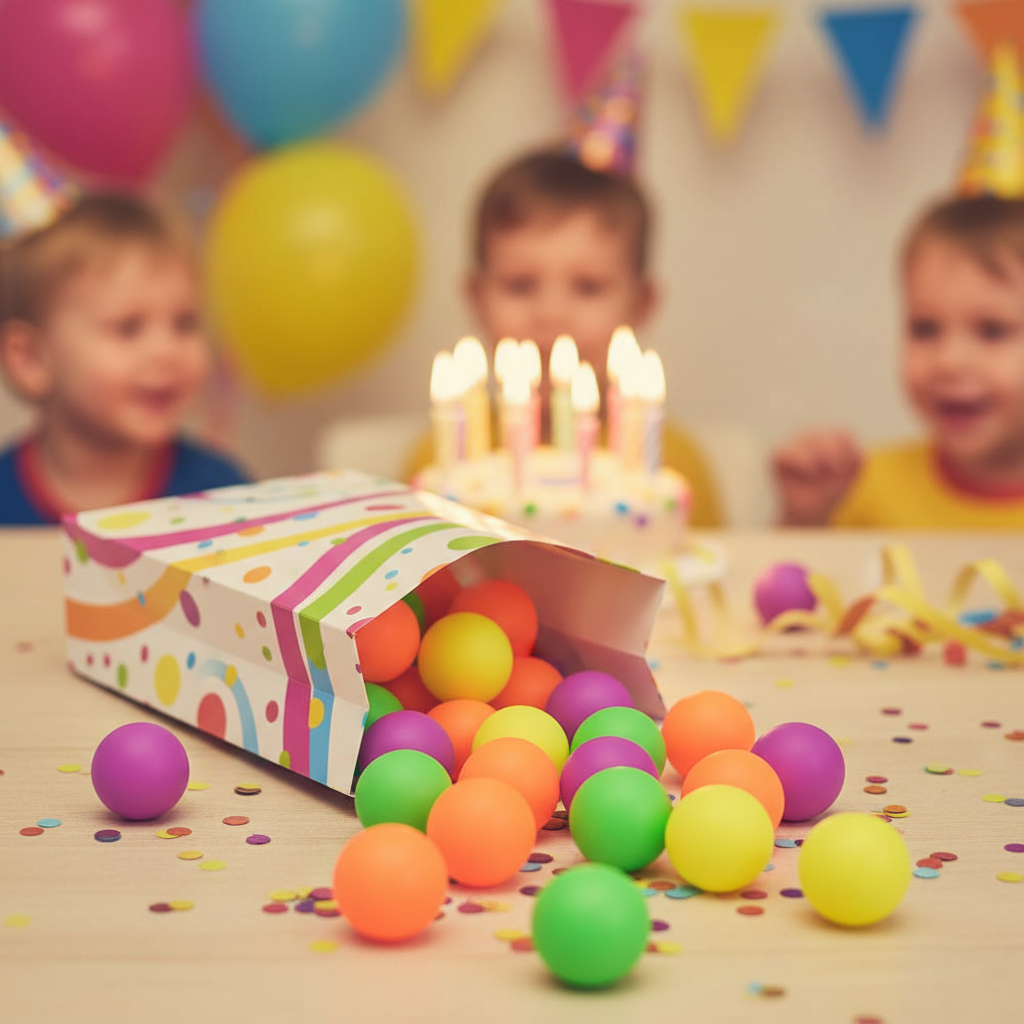 Neon squishy balls spilling out of a party bag at a children's birthday party — perfect party bag filler