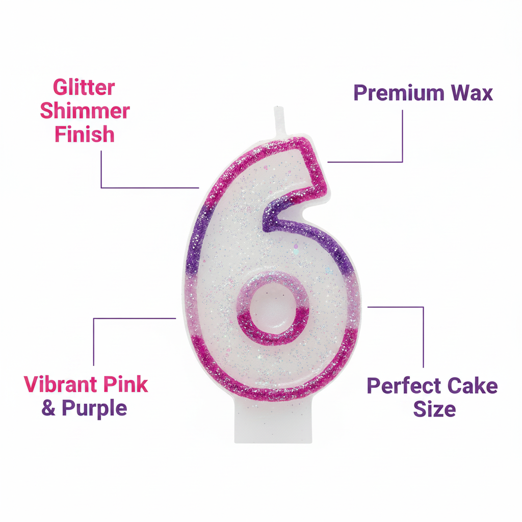 Pink glitter number 6 birthday candle feature infographic showing glitter shimmer finish, premium wax, vibrant colours and perfect cake size callouts
