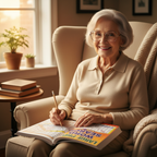 Elderly woman relaxing in armchair enjoying Large Print Word Search Books 72 Puzzles