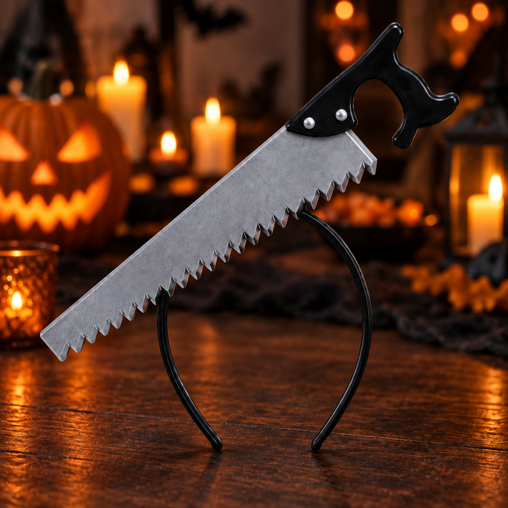 Saw in head headband on a wooden table with a glowing jack-o-lantern and candles