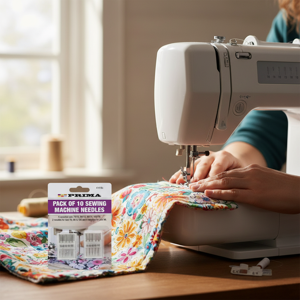 Close-up of sewing machine in action using quality machine needle stitching through colorful fabric project