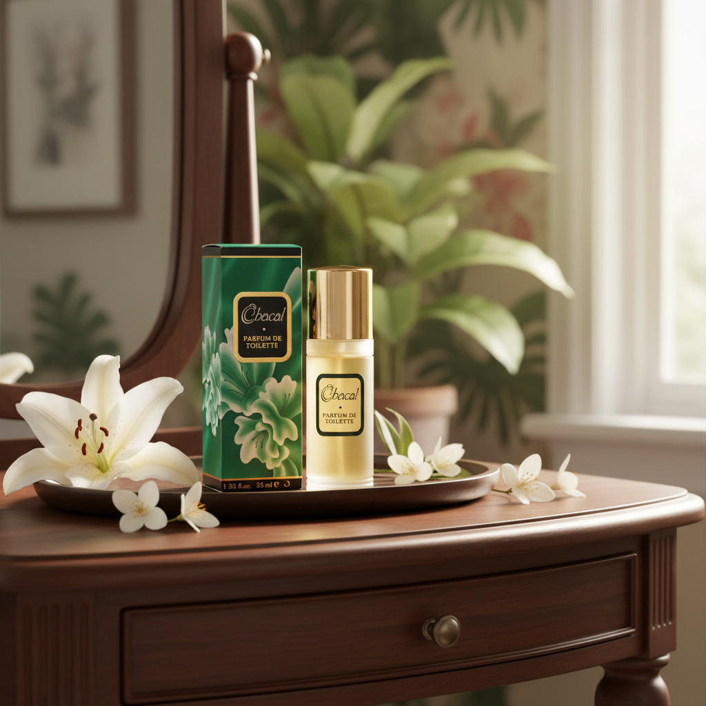 Chacal perfume styled on an elegant vanity with natural window light, white flowers and dark wooden tray