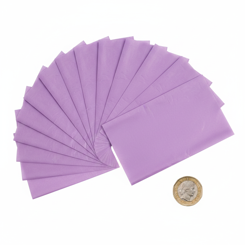 10 sheets of purple tissue paper fanned out beside a £1 coin showing scale, overhead flat lay