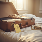 Pale yellow manilla luggage label with handwritten address tied to a suitcase handle, warm golden hour light, travel preparation lifestyle scene