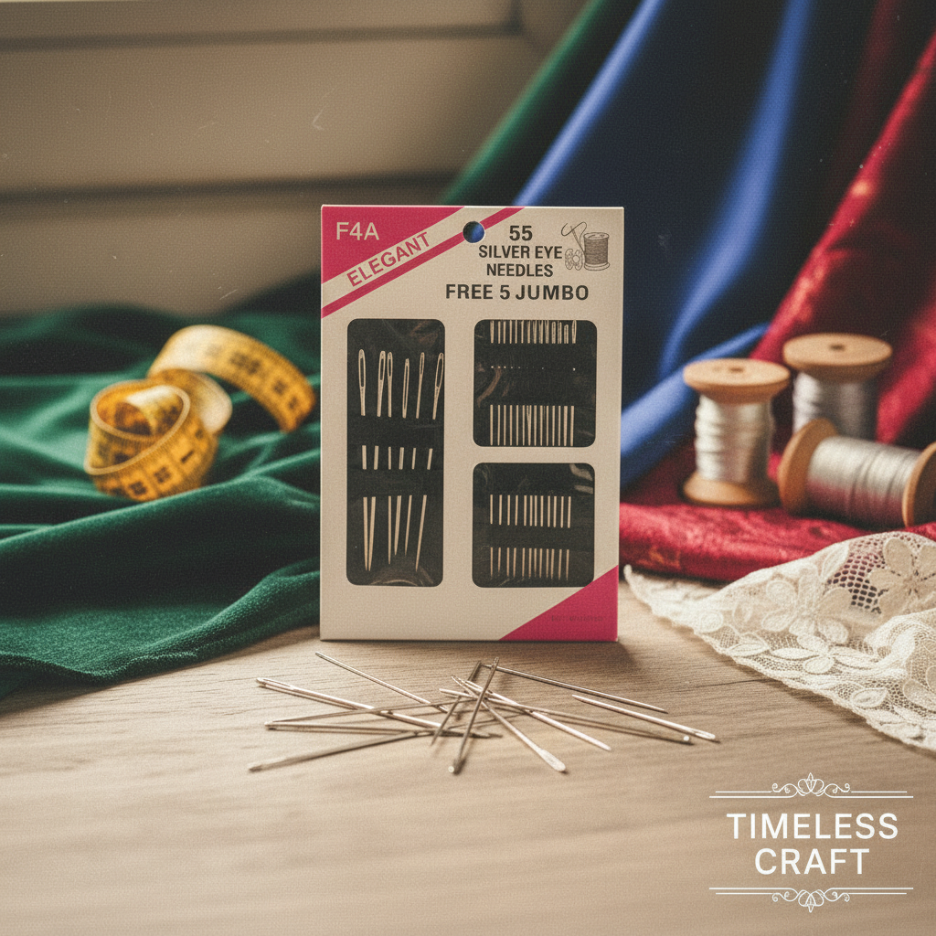 Set of 55 silver eye hand sewing needles in assorted sizes displayed on elegant sewing workspace with fabric and thread