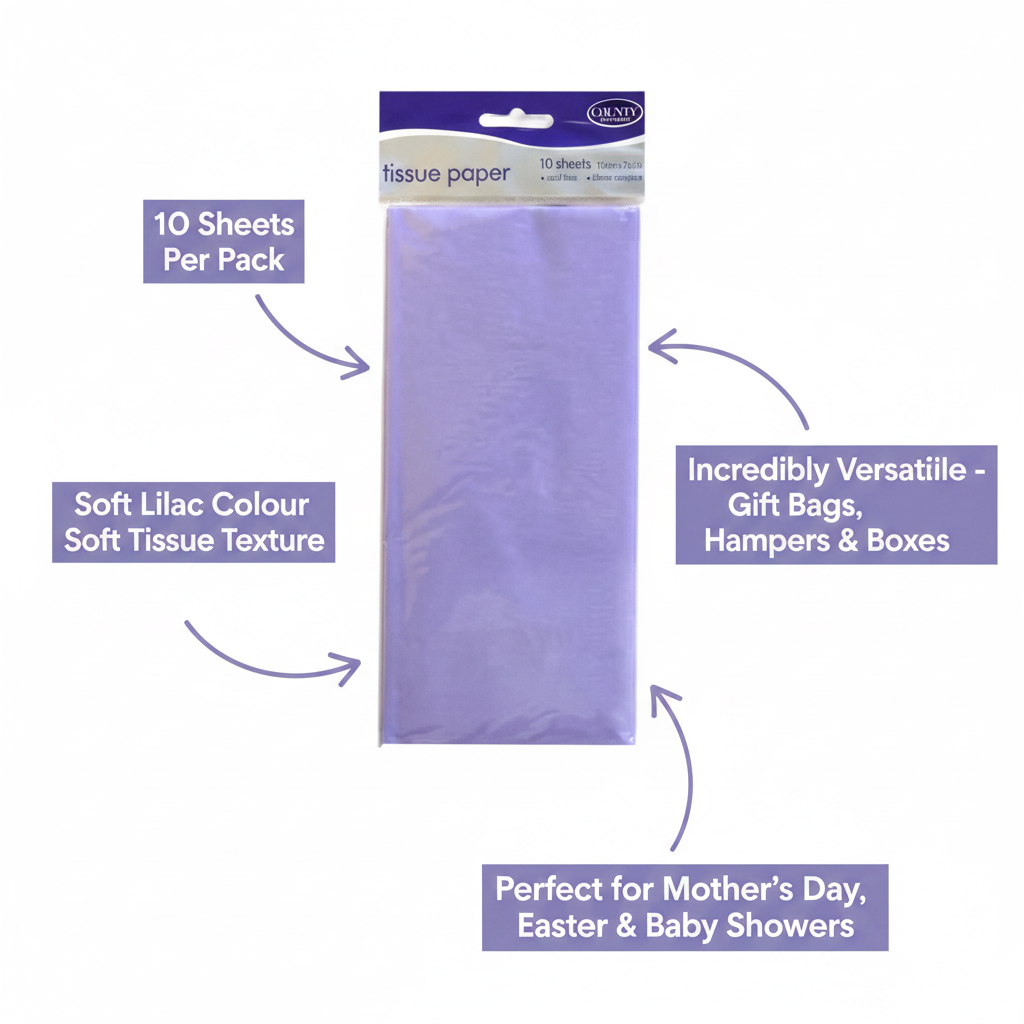 Lilac tissue paper pack feature callouts: 10 sheets, soft lilac colour, versatile gifting uses