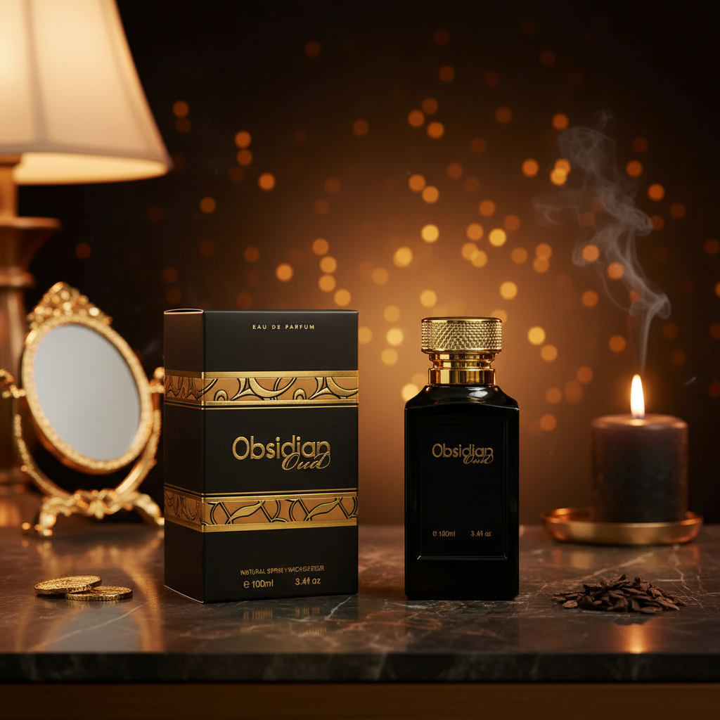 Fine Perfumery Obsidian Oud EDP on luxury vanity table with elegant accessories