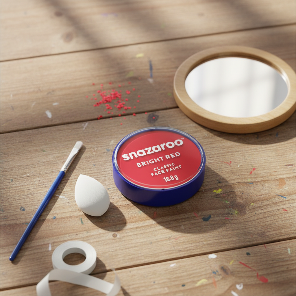Snazaroo Classic Bright Red Face Paint pot on a wooden craft table with brush and sponge applicator, natural window light
