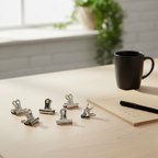 Tiger Binder Clips 30mm on a real office desk beside notebook, pen and coffee mug in natural window light - lifestyle product photography