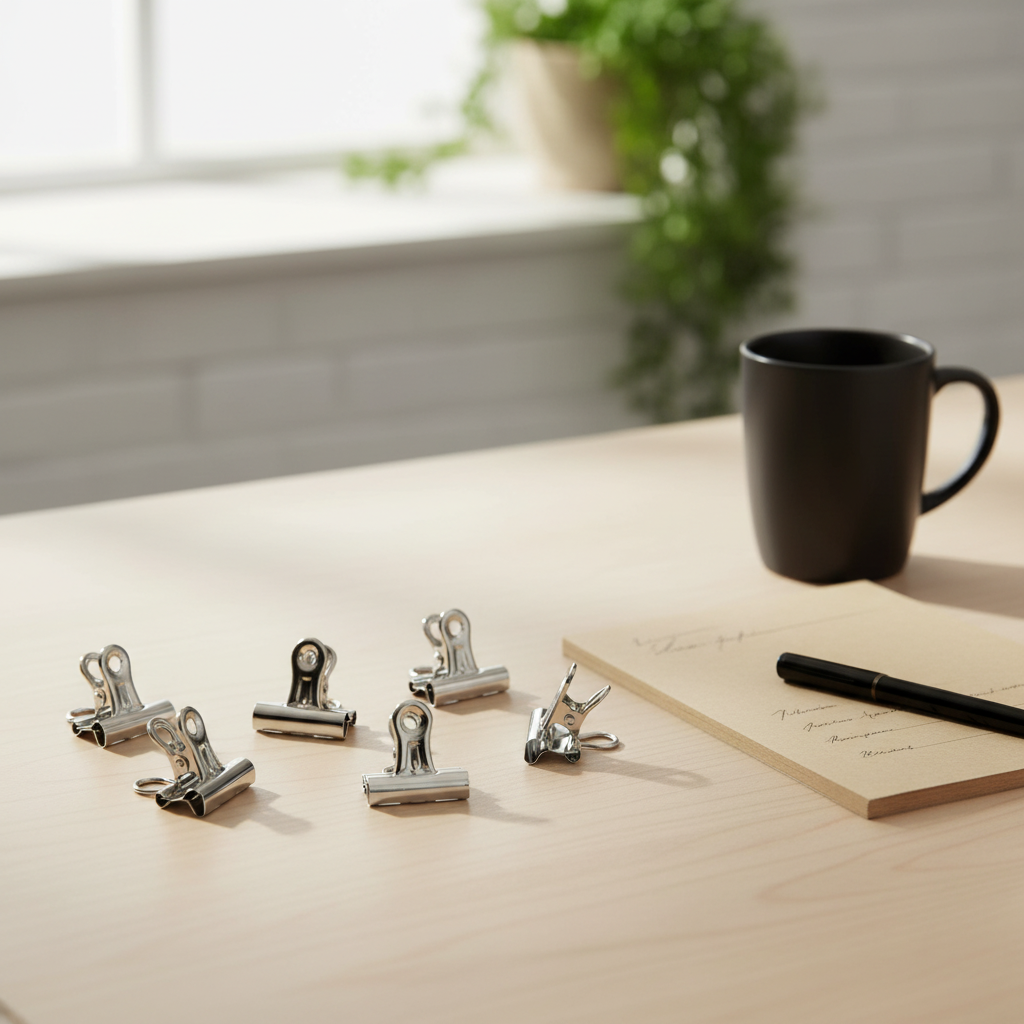 Tiger Binder Clips 30mm on a real office desk beside notebook, pen and coffee mug in natural window light - lifestyle product photography