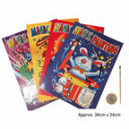 Magic Painting Books flat lay beside a UK £1 coin showing book size, with paintbrush on white background