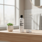 The Hand Brand Acetone-Free Nail Polish Remover 250ml styled on a bathroom vanity with cotton pads and small plant in natural window light