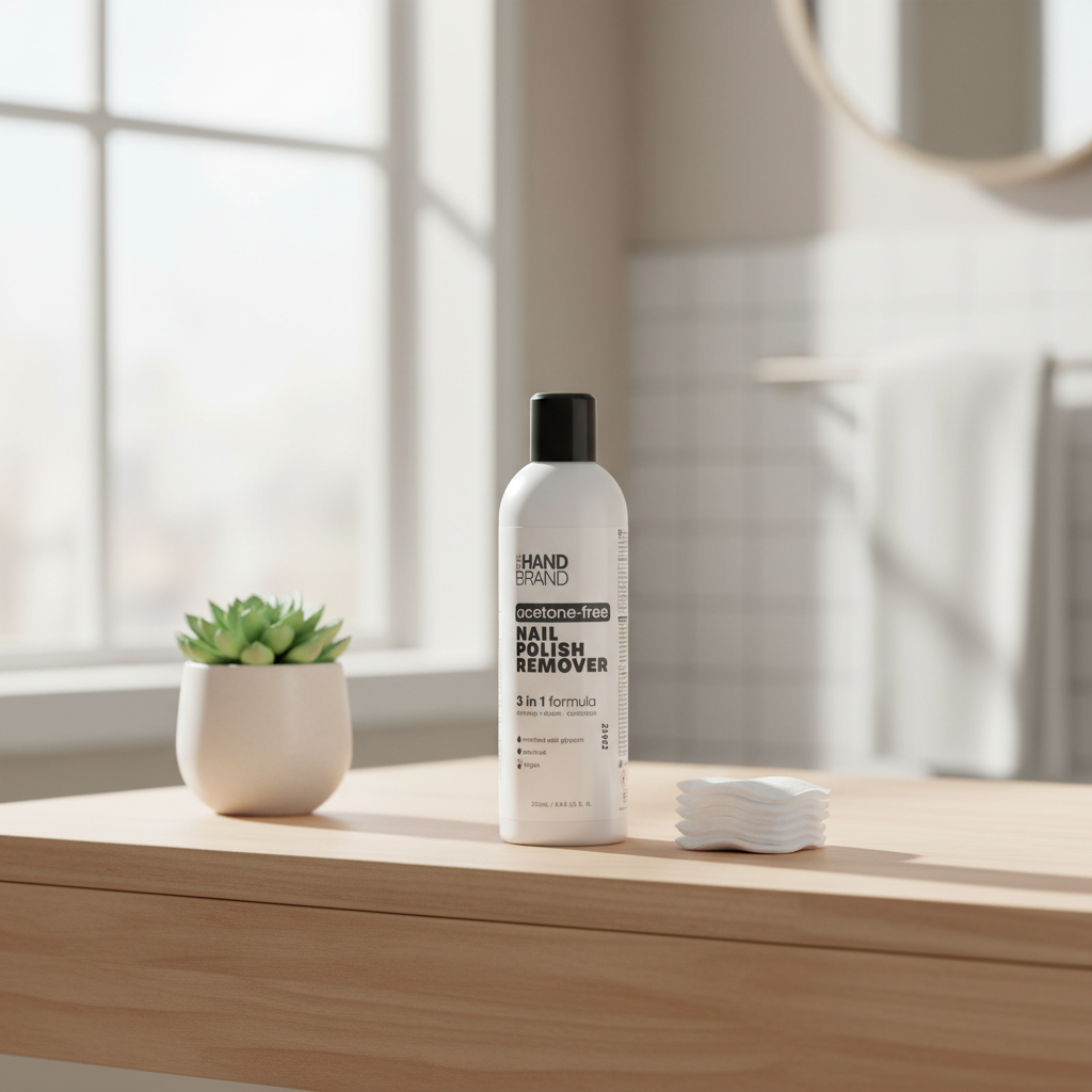 The Hand Brand Acetone-Free Nail Polish Remover 250ml styled on a bathroom vanity with cotton pads and small plant in natural window light