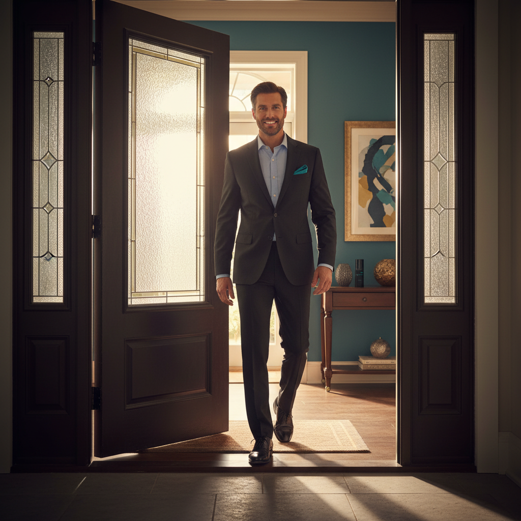 Confident well-dressed man stepping out, Milton Lloyd Me Too Homme bottle visible, golden hour light