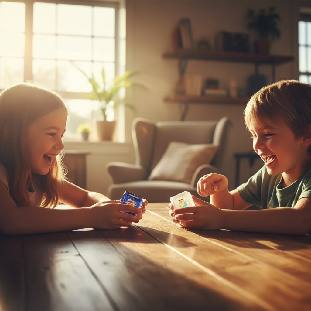 Two children sharing and comparing glittery Cutie Cube capybara toys at a table