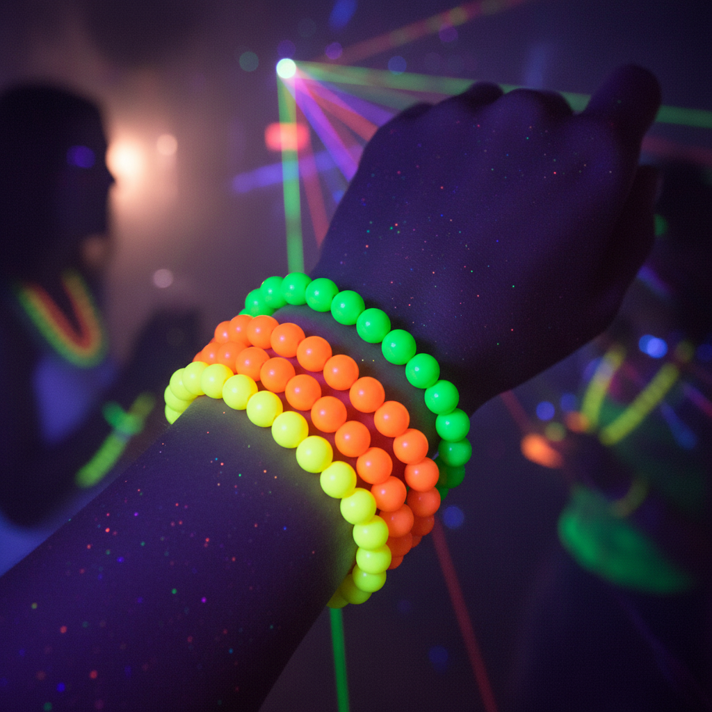 Neon bead bracelets stacked on wrist glowing under UV blacklight at a party