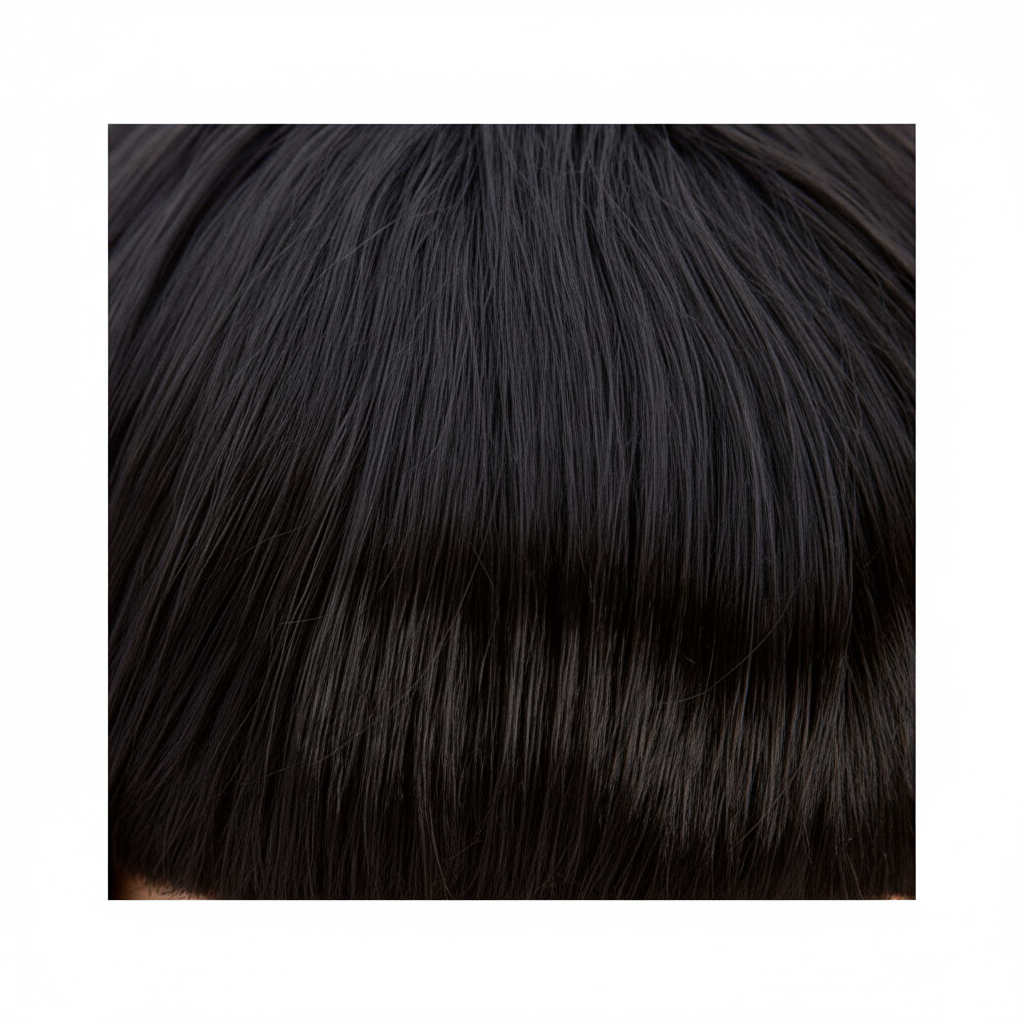 Extreme macro close-up of diva black bob wig hair strands showing jet black colour and high-shine finish