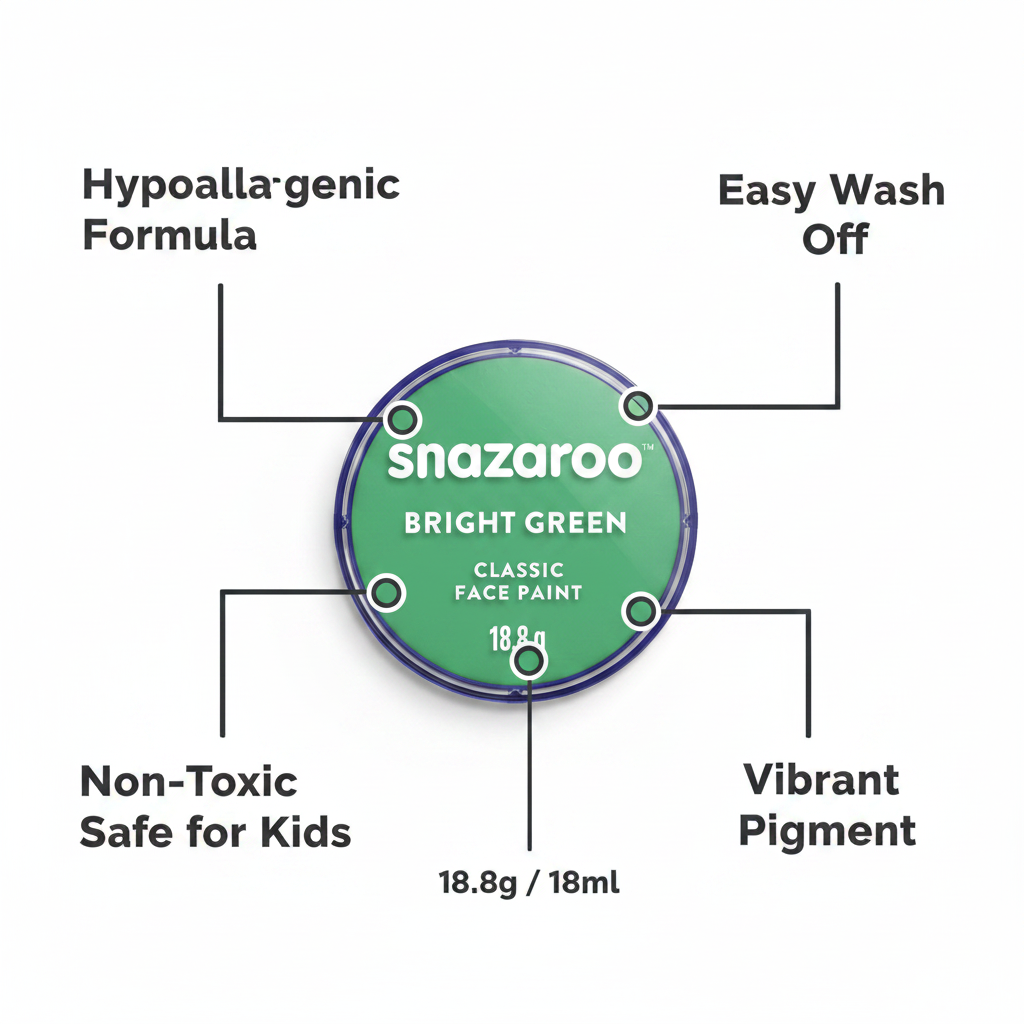 Snazaroo Bright Green Face Paint 18ml feature infographic showing hypoallergenic formula, easy wash off, non-toxic, vibrant pigment callouts