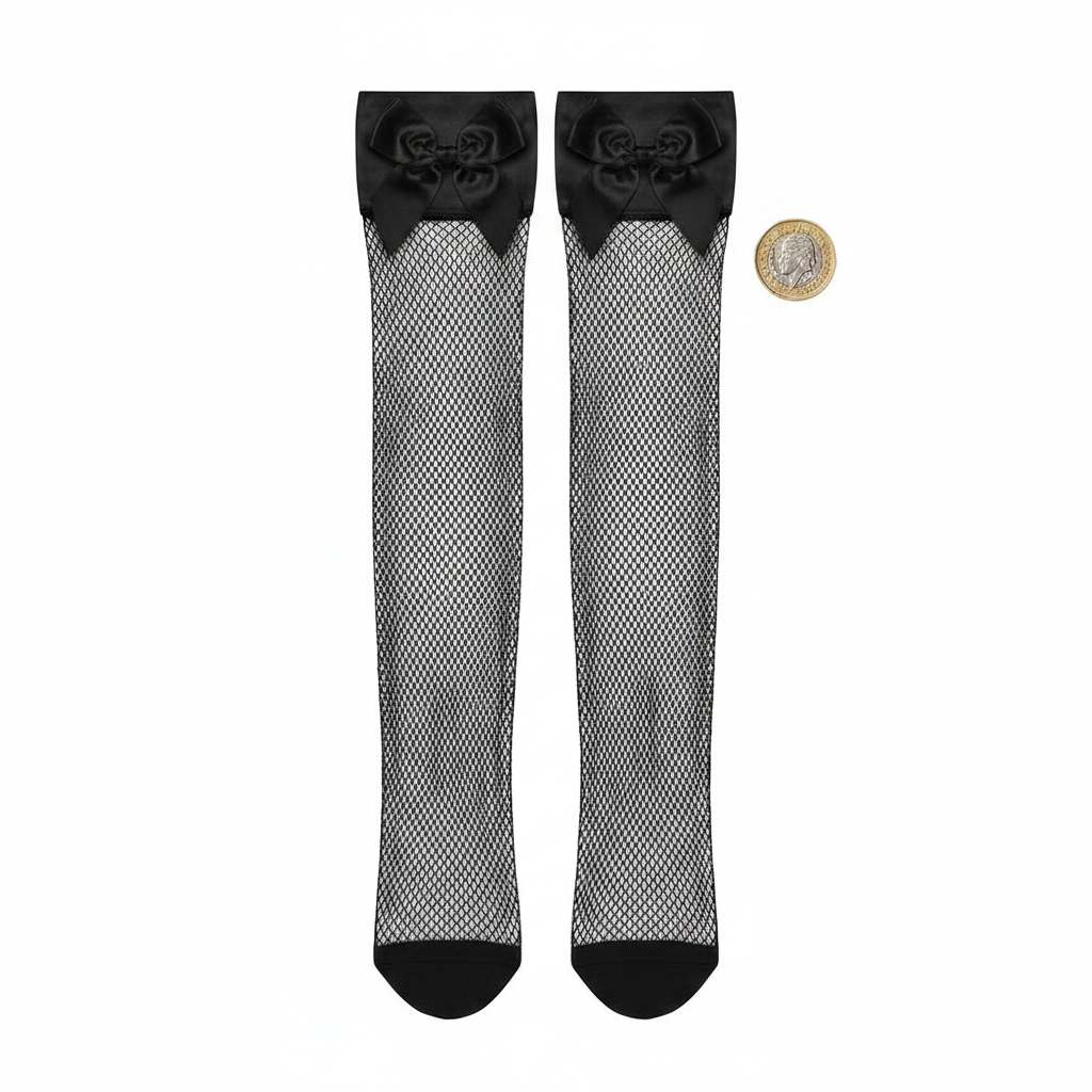 Black fishnet thigh high stockings with satin bow flat lay on white background with £1 coin for scale