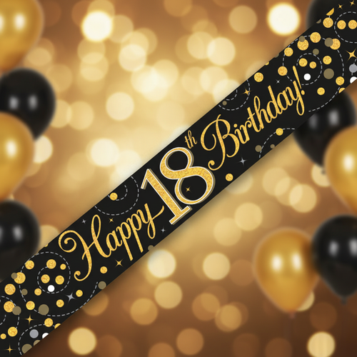 9ft Sparkling Fizz 18th Birthday Banner in black and gold holographic - premium party decoration