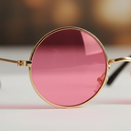 Extreme macro close-up of round pink lens and slim gold metal frame of hippy sunglasses showing lens clarity and metalwork detail