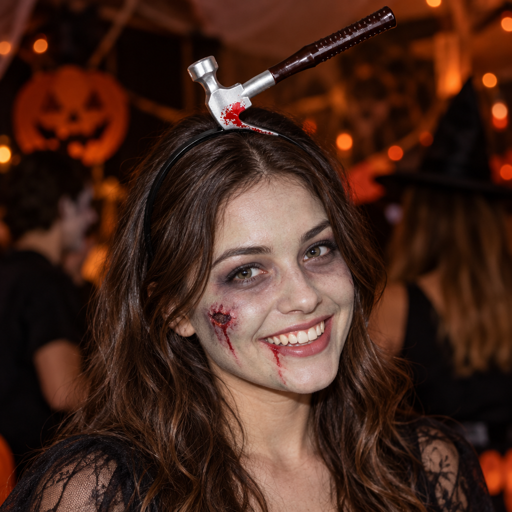Smiling woman in zombie face paint wearing the hammer in head headband at a Halloween party