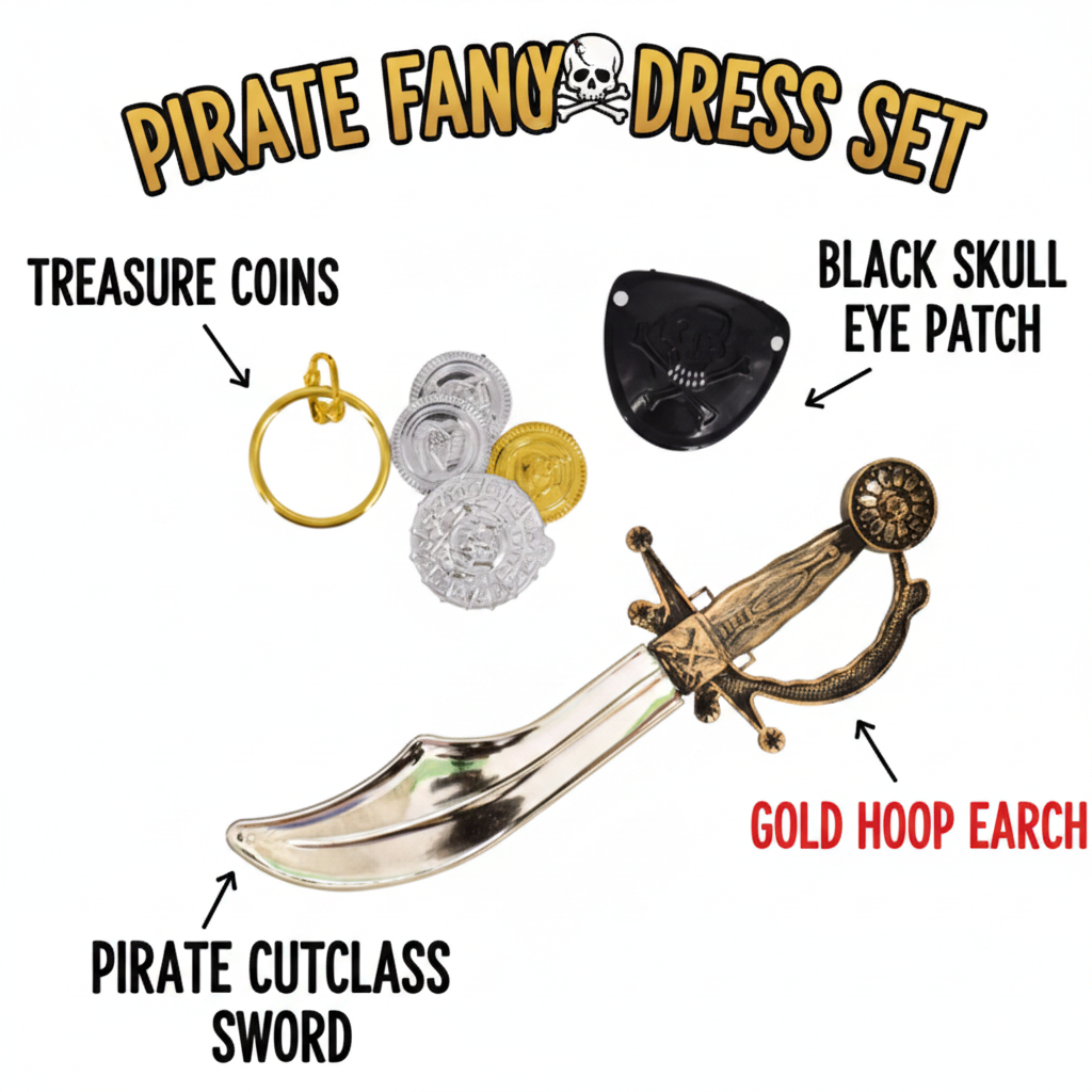 Infographic showing all 4 items in the pirate cutlass fancy dress set with labels