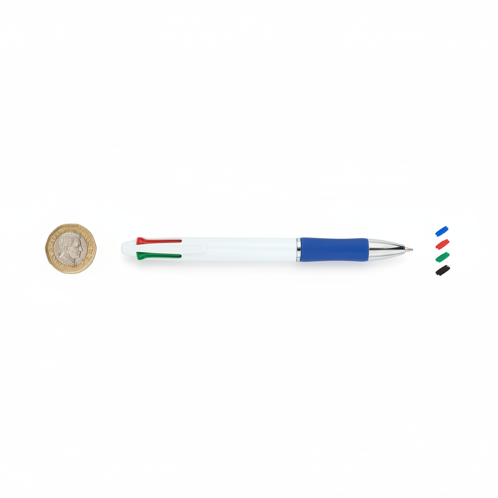 Tiger Stationery 4-colour ballpoint pen laid flat beside a £1 coin on a white background to show scale, with ink strokes in blue, red, green and black