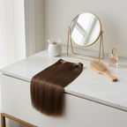 20 inch one piece straight clip-in hair extension Hazel Princess displayed on a marble vanity with beauty accessories in natural light